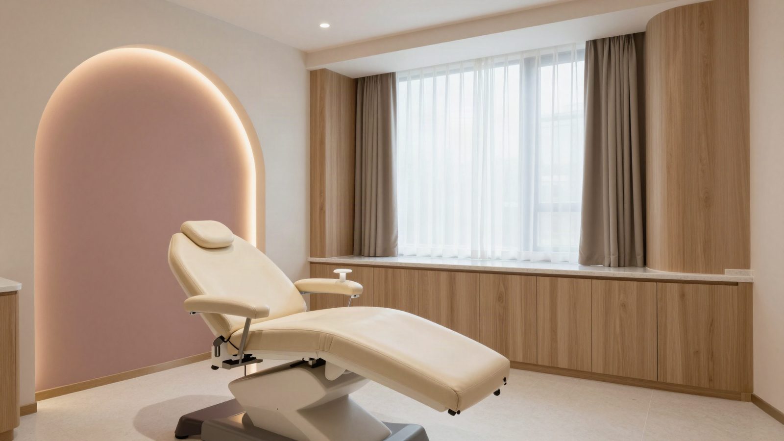 A modern aesthetic clinic treatment room in soft daylight