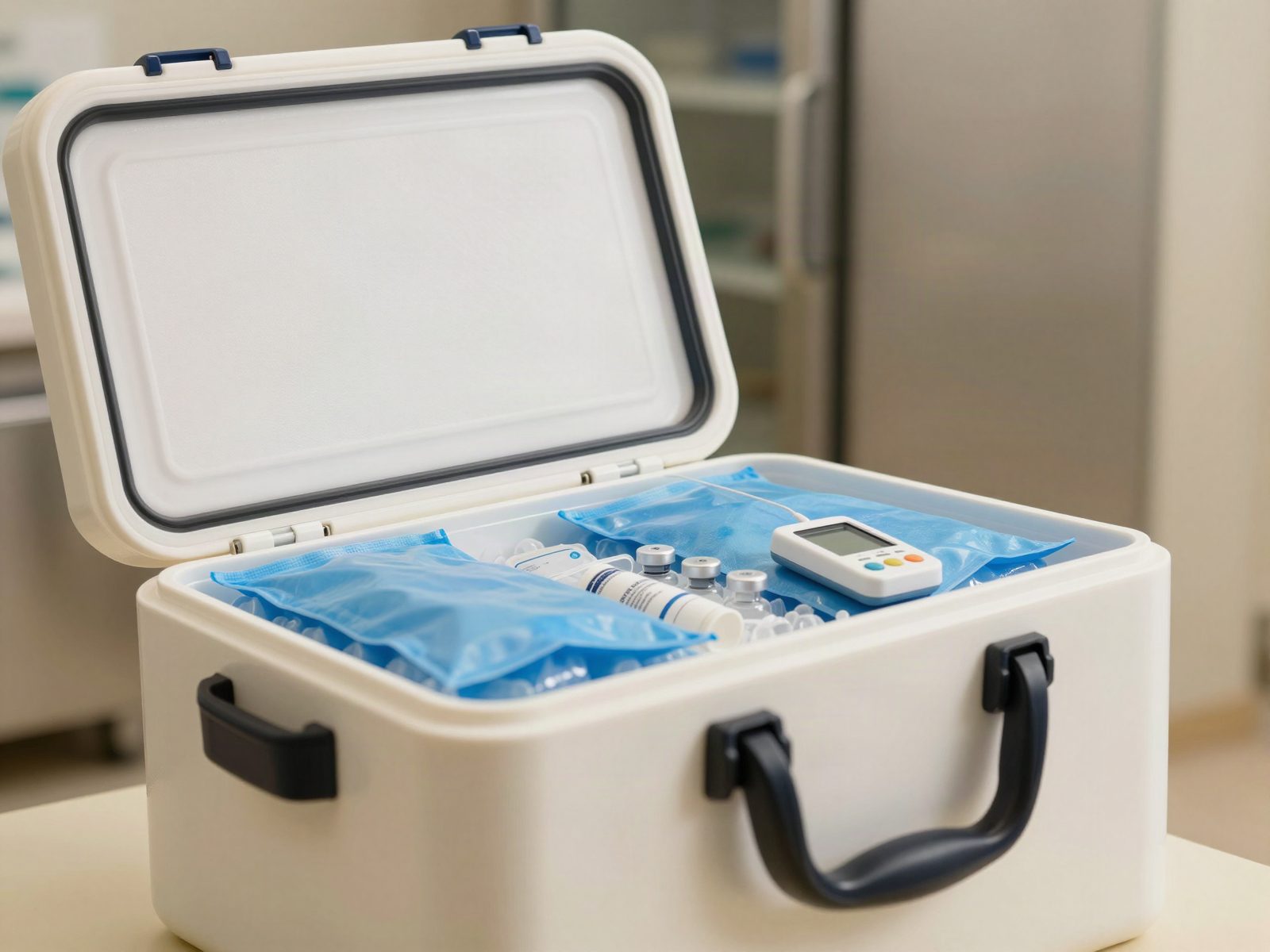 Insulated medical transport box with ice packs and a temperature logger