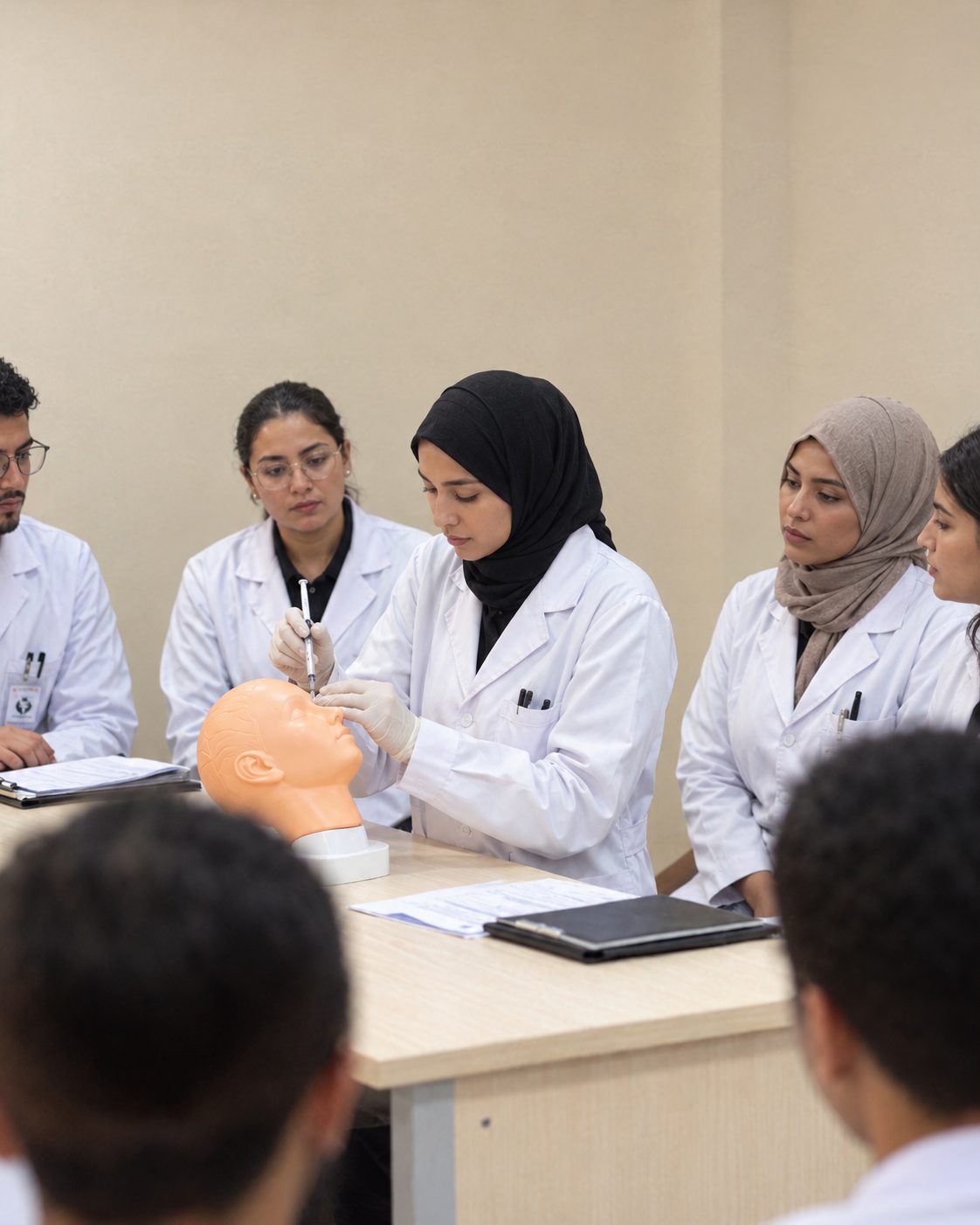 A physician demonstrating injection technique on an anatomical face model to a group of doctors